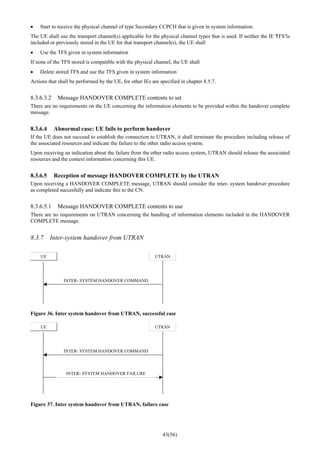 43(56)
• Start to receive the physical channel of type Secondary CCPCH that is given in system information.
The UE shall use the transport channel(s) applicable for the physical channel types that is used. If neither the IE “TFS”is
included or previously stored in the UE for that transport channel(s), the UE shall
• Use the TFS given in system information
If none of the TFS stored is compatible with the physical channel, the UE shall
• Delete stored TFS and use the TFS given in system information
Actions that shall be performed by the UE, for other IEs are specified in chapter 8.5.7.
8.3.6.3.2 Message HANDOVER COMPLETE contents to set
There are no requirements on the UE concerning the information elements to be provided within the handover complete
message.
8.3.6.4 Abnormal case: UE fails to perform handover
If the UE does not succeed to establish the connection to UTRAN, it shall terminate the procedure including release of
the associated resources and indicate the failure to the other radio access system.
Upon receiving an indication about the failure from the other radio access system, UTRAN should release the associated
resources and the context information concerning this UE.
8.3.6.5 Reception of message HANDOVER COMPLETE by the UTRAN
Upon receiving a HANDOVER COMPLETE message, UTRAN should consider the inter- system handover procedure
as completed succesfully and indicate this to the CN.
8.3.6.5.1 Message HANDOVER COMPLETE contents to use
There are no requirements on UTRAN concerning the handling of information elements included in the HANDOVER
COMPLETE message.
8.3.7 Inter-system handover from UTRAN
UE UTRAN
INTER- SYSTEM HANDOVER COMMAND
Figure 36. Inter system handover from UTRAN, successful case
UE UTRAN
INTER- SYSTEM HANDOVER COMMAND
INTER- SYSTEM HANDOVER FAILURE
Figure 37. Inter system handover from UTRAN, failure case
 