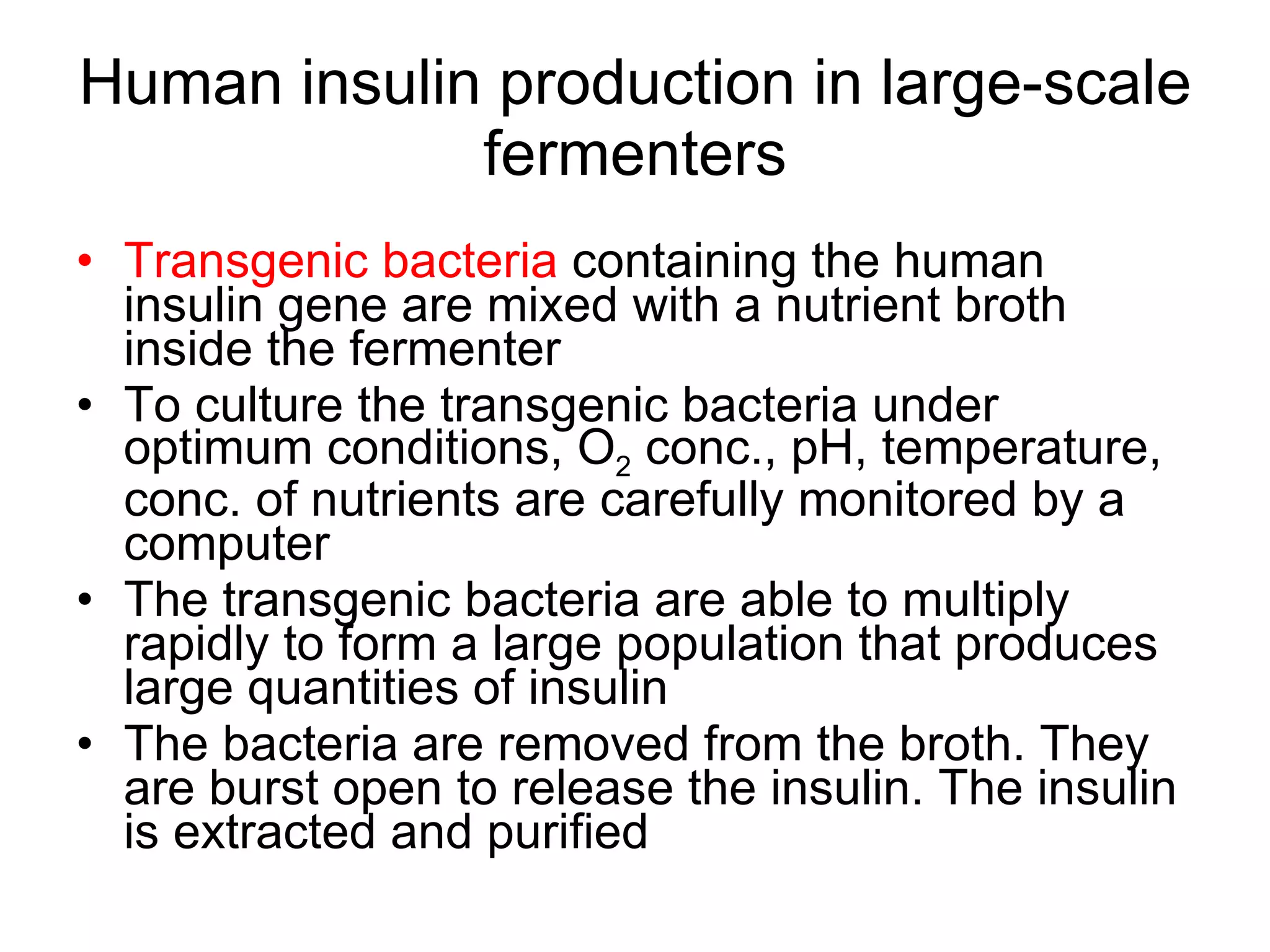 Human insulin production in large-scale fermenters Transgenic bacteria  containing the human insulin gene are mixed with a nutrient broth inside the fermenter To culture the transgenic bacteria under optimum conditions, O 2  conc., pH, temperature, conc. of nutrients are carefully monitored by a computer The transgenic bacteria are able to multiply rapidly to form a large population that produces large quantities of insulin The bacteria are removed from the broth. They are burst open to release the insulin. The insulin is extracted and purified  