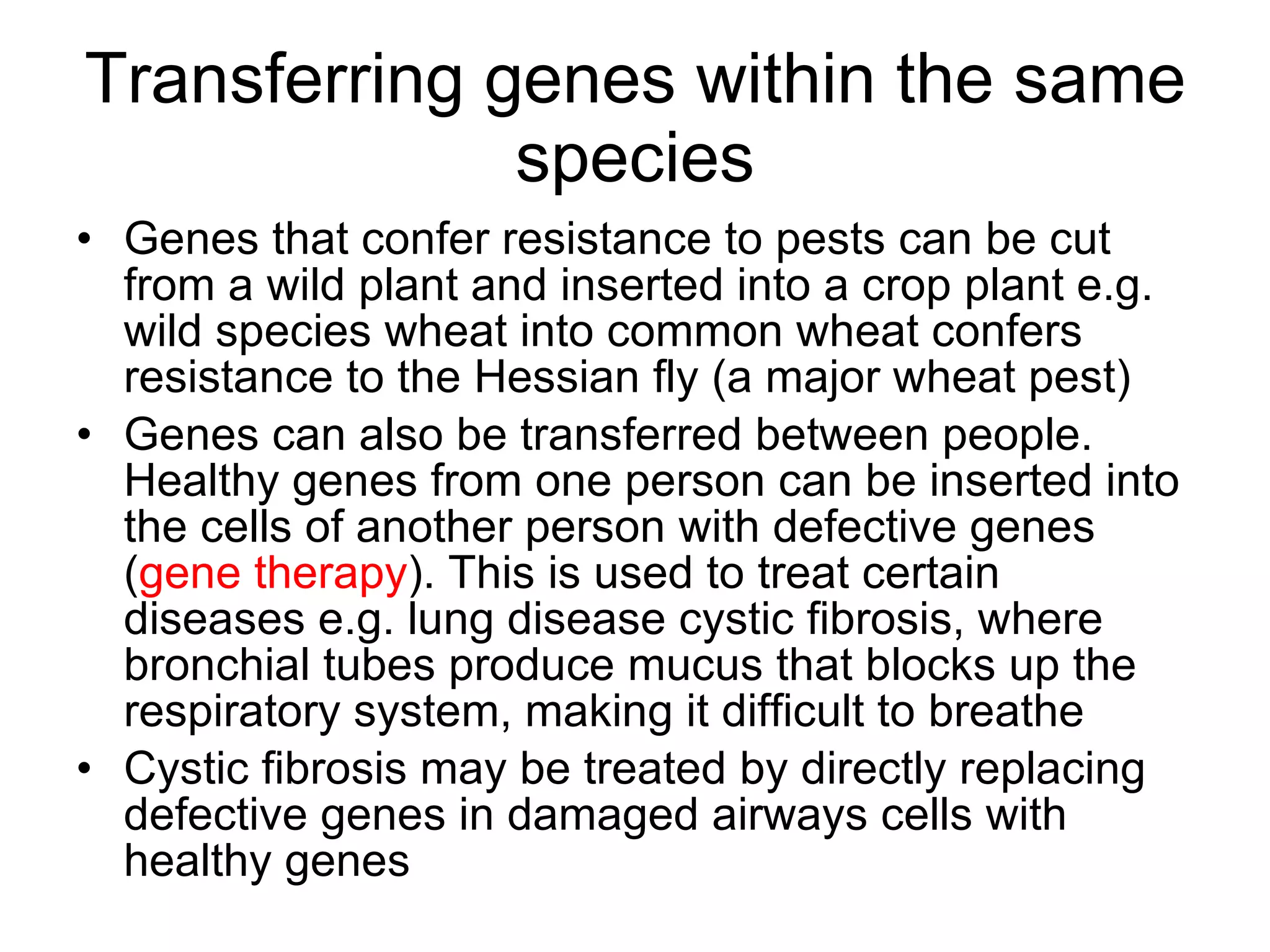 Transferring genes within the same species Genes that confer resistance to pests can be cut from a wild plant and inserted into a crop plant e.g. wild species wheat into common wheat confers resistance to the Hessian fly (a major wheat pest) Genes can also be transferred between people. Healthy genes from one person can be inserted into the cells of another person with defective genes ( gene therapy ). This is used to treat certain diseases e.g. lung disease cystic fibrosis, where bronchial tubes produce mucus that blocks up the respiratory system, making it difficult to breathe Cystic fibrosis may be treated by directly replacing defective genes in damaged airways cells with healthy genes 