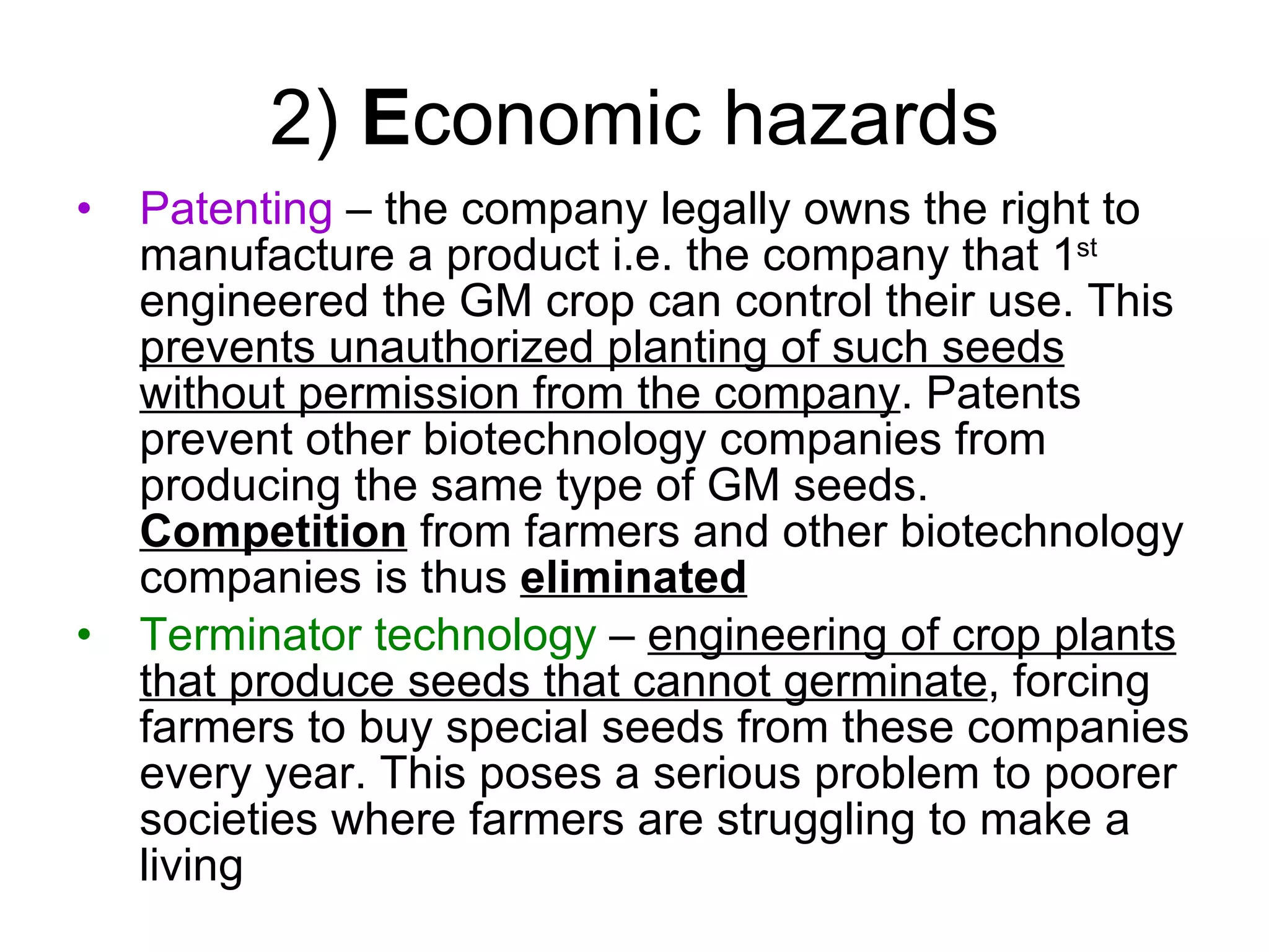 2)  E conomic hazards Patenting  – the company legally owns the right to manufacture a product i.e. the company that 1 st  engineered the GM crop can control their use. This  prevents unauthorized planting of such seeds without permission from the company . Patents prevent other biotechnology companies from producing the same type of GM seeds.  Competition  from farmers and other biotechnology companies is thus  eliminated Terminator technology  –  engineering of crop plants that produce seeds that cannot germinate , forcing farmers to buy special seeds from these companies every year. This poses a serious problem to poorer societies where farmers are struggling to make a living 