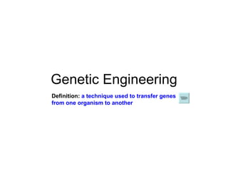 Genetic Engineering Definition:  a technique used to transfer genes from one organism to another 