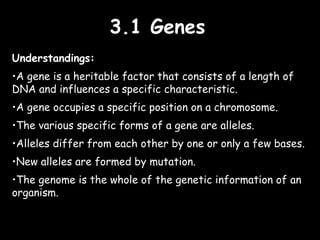 3.1 Genes3.1 Genes
Understandings:
•A gene is a heritable factor that consists of a length of
DNA and influences a specific characteristic.
•A gene occupies a specific position on a chromosome.
•The various specific forms of a gene are alleles.
•Alleles differ from each other by one or only a few bases.
•New alleles are formed by mutation.
•The genome is the whole of the genetic information of an
organism.
 