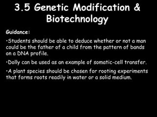 3.5 Genetic Modification &3.5 Genetic Modification &
BiotechnologyBiotechnology
Guidance:
•Students should be able to deduce whether or not a man
could be the father of a child from the pattern of bands
on a DNA profile.
•Dolly can be used as an example of somatic-cell transfer.
•A plant species should be chosen for rooting experiments
that forms roots readily in water or a solid medium.
 