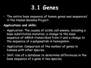 3.1 Genes3.1 Genes
• The entire base sequence of human genes was sequenced
in the Human Genome Project.
Applications and skills:
• Application: The causes of sickle cell anemia, including a
base substitution mutation, a change to the base
sequence of mRNA transcribed from it and a change to
the sequence of a polypeptide in hemoglobin.
• Application: Comparison of the number of genes in
humans with other species.
• Skill: Use of a database to determine differences in the
base sequence of a gene in two species.
 