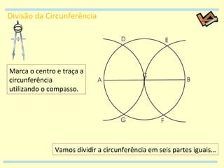 Divisão da Circunferência Marca o centro e traça a circunferência utilizando o compasso. Vamos dividir a circunferência em seis partes iguais…