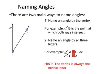 Naming Angles
•There are two main ways to name angles:
                  1) Name an angle by the vertex.

A                 For example: B is the point at
           C        which both rays intersect.

                  2) Name an angle by all three
                     letters.

    B
                  For example:    A B C or
                                  CBA

                  HINT: The vertex is always the
                    middle letter
 