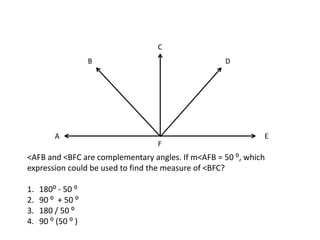 C
                    B                              D




         A                                                   E
                                  F
<AFB and <BFC are complementary angles. If m<AFB = 50 ⁰, which
expression could be used to find the measure of <BFC?

1.   180⁰ - 50 ⁰
2.   90 ⁰ + 50 ⁰
3.   180 / 50 ⁰
4.   90 ⁰ (50 ⁰ )
 