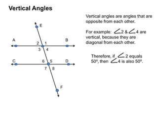 Vertical Angles
                                      Vertical angles are angles that are
                                      opposite from each other.
             E
                                      For example:       2&      4 are
                                      vertical, because they are
 A                                B
         2        1                   diagonal from each other.
          3       4
                                        Therefore, if      2 equals
 C            6       5           D     50⁰, then     4 is also 50⁰.
                  7       8



                              F
 