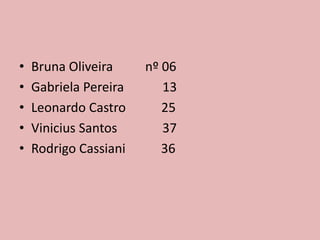 • Bruna Oliveira nº 06
• Gabriela Pereira 13
• Leonardo Castro 25
• Vinicius Santos 37
• Rodrigo Cassiani 36
 