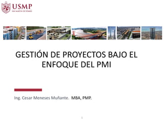 GESTIÓN DE PROYECTOS BAJO EL
ENFOQUE DEL PMI
Ing. Cesar Meneses Muñante. MBA, PMP.
1
 