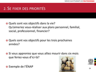 SERVICE AUX ÉTUDIANTS DE POLYTECHNIQUE
 Quels sont vos objectifs dans la vie?
Qu’aimeriez vous-réaliser aux plans personnel, familial,
social, professionnel, financier?
 Quels sont vos objectifs pour les trois prochaines
années?
 Si vous appreniez que vous alliez mourir dans six mois
que feriez-vous d’ici-là?
 Exemple de l’ÉNAP
2. SE FIXER DES PRIORITÉS
28
 