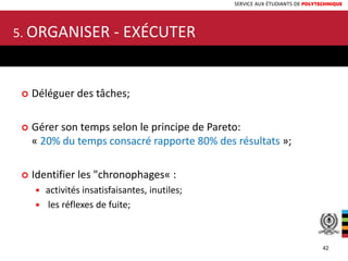 SERVICE AUX ÉTUDIANTS DE POLYTECHNIQUE
 Déléguer des tâches;
 Gérer son temps selon le principe de Pareto:
« 20% du temps consacré rapporte 80% des résultats »;
 Identifier les "chronophages« :
 activités insatisfaisantes, inutiles;
 les réflexes de fuite;
5. ORGANISER - EXÉCUTER
42
 
