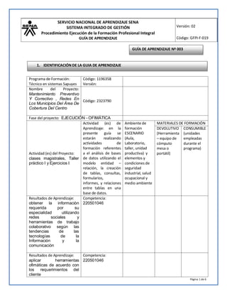 SERVICIO NACIONAL DE APRENDIZAJE SENA
SISTEMA INTEGRADO DE GESTIÓN
Procedimiento Ejecución de la Formación Profesional Integral
GUÍA DE APRENDIZAJE
Versión: 02
Código: GFPI-F-019
Página 1 de 6
Programa de Formación:
Técnico en sistemas Sapuyes
Código: 1196358
Versión:
Nombre del Proyecto:
Mantenimiento Preventivo
Y Correctivo , Redes En
Los Municipios Del Área De
Cobertura Del Centro
Código: 2323790
Fase del proyecto: EJECUCIÓN - OFIMÁTICA
Actividad (es) del Proyecto:
clases magistrales, Taller
práctico I y Ejercicios I
Actividad (es) de
Aprendizaje: en la
presente guía se
estarán realizando
actividades de
formación referentes
a el análisis de bases
de datos utilizando el
modelo entidad –
relación, la creación
de tablas, consultas,
formularios,
informes, y relaciones
entre tablas en una
base de datos.
Ambiente de
formación
ESCENARIO
(Aula,
Laboratorio,
taller, unidad
productiva) y
elementos y
condiciones de
seguridad
industrial, salud
ocupacional y
medio ambiente
MATERIALES DE FORMACIÓN
DEVOLUTIVO
(Herramienta
– equipo de
cómputo
mesa o
portátil)
CONSUMIBLE
(unidades
empleadas
durante el
programa)
Resultados de Aprendizaje:
obtener la información
requerida por su
especialidad utilizando
redes sociales y
herramientas de trabajo
colaborativo según las
tendencias de las
tecnologías de la
Información y la
comunicación
Competencia:
220501046
Resultados de Aprendizaje:
aplicar herramientas
ofimáticas de acuerdo con
los requerimientos del
cliente
Competencia:
220501046
GUÍA DE APRENDIZAJE Nº 003
1. IDENTIFICACIÓN DE LA GUIA DE APRENDIZAJE
 