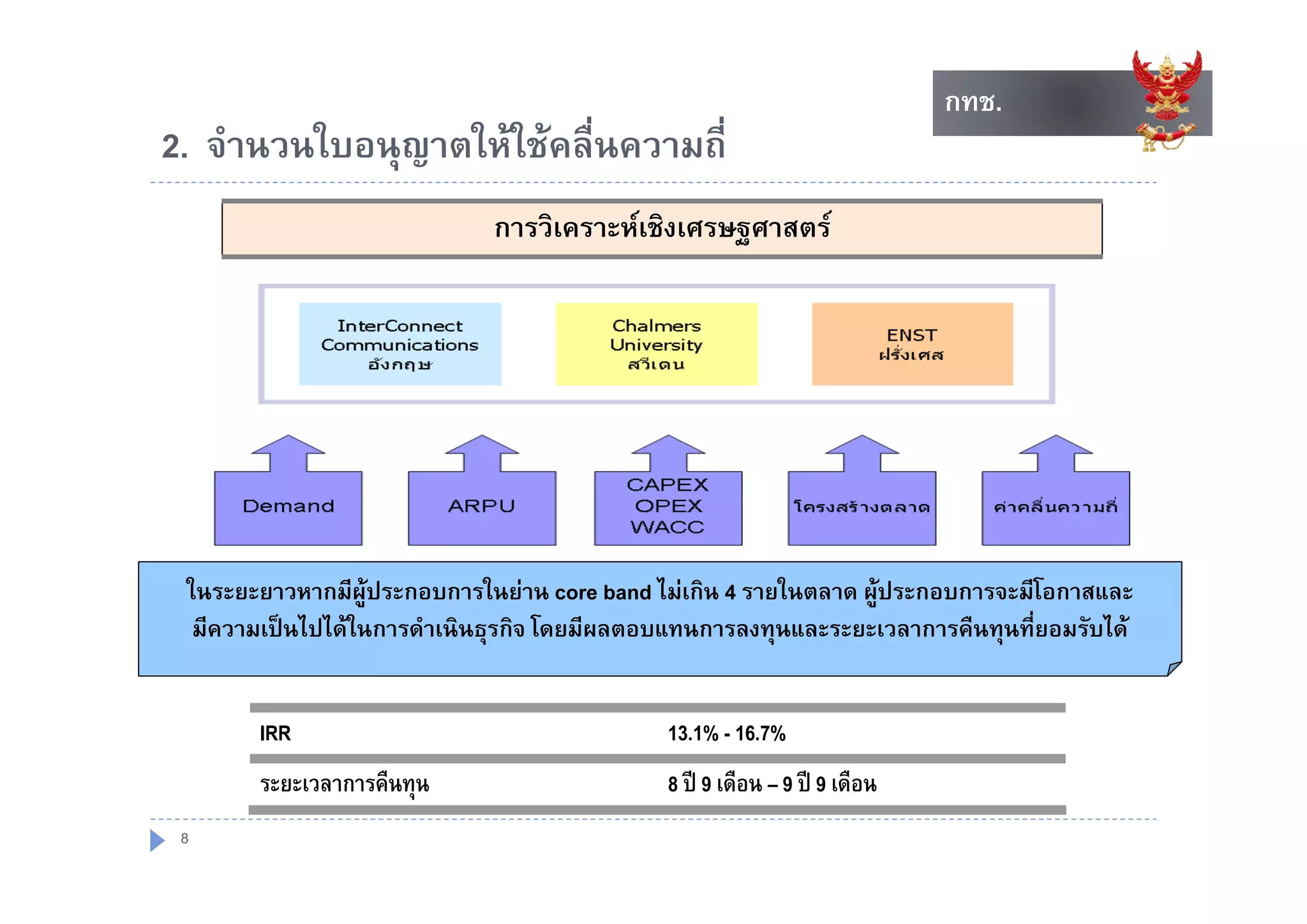 กทช.
                                                                             กทช.
2. จานวนใบอนุญาตใหใชคลนความถ
2 จํานวนใบอนญาตใหใชคลื่นความถี่
                             การวิเคราะหเชิงเศรษฐศาสตร




 ในระยะยาวหากมีผูประกอบการในยาน core band ไมเกิน 4 รายในตลาด ผูประกอบการจะมีโอกาสและ
  มีความเปนไปไดในการดําเนินธุรกิจ โดยมีผลตอบแทนการลงทุนและระยะเวลาการคืนทุนที่ยอมรับได


       IRR                                   13.1% - 16.7%
       ระยะเวลาการคืืนทุน                    8 ป 9 เดืือน – 9 ป 9 เดืือน
 8
 
