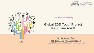 Global ESD Youth Project
Neuru season II
Dr. Hyunsoon Bae
RCE Dobong-gu (Republic of Korea)
19 July, 2022 l Sanate Hall, MAR Building, IIUM Gombak, Kuala Lumpur
14 RCE AP Meeting
 