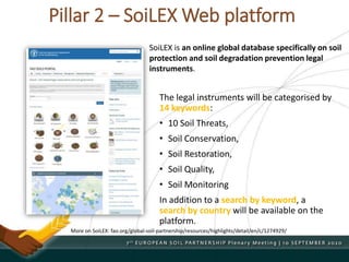 Pillar 2 – SoiLEX Web platform
The legal instruments will be categorised by
14 keywords:
• 10 Soil Threats,
• Soil Conservation,
• Soil Restoration,
• Soil Quality,
• Soil Monitoring
In addition to a search by keyword, a
search by country will be available on the
platform.
More on SoiLEX: fao.org/global-soil-partnership/resources/highlights/detail/en/c/1274929/
SoiLEX is an online global database specifically on soil
protection and soil degradation prevention legal
instruments.
 