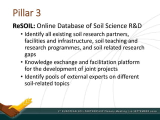 Pillar 3
ReSOIL: Online Database of Soil Science R&D
• Identify all existing soil research partners,
facilities and infrastructure, soil teaching and
research programmes, and soil related research
gaps
• Knowledge exchange and facilitation platform
for the development of joint projects
• Identify pools of external experts on different
soil-related topics
 