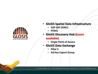 • GloSIS Spatial Data Infrastructure
• GSP SDF (ISRIC)
• P4WG
• GloSIS Discovery Hub ((soon
available)
• Single Point of Access
• GloSIS Data Exchange
• Pillar 5
• Ad Hoc Expert Group
 