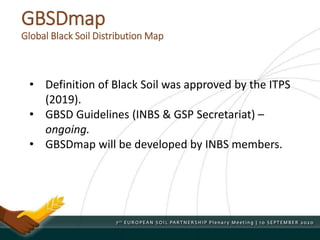 GBSDmap
Global Black Soil Distribution Map
• Definition of Black Soil was approved by the ITPS
(2019).
• GBSD Guidelines (INBS & GSP Secretariat) –
ongoing.
• GBSDmap will be developed by INBS members.
 