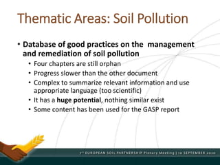 Thematic Areas: Soil Pollution
• Database of good practices on the management
and remediation of soil pollution
• Four chapters are still orphan
• Progress slower than the other document
• Complex to summarize relevant information and use
appropriate language (too scientific)
• It has a huge potential, nothing similar exist
• Some content has been used for the GASP report
 