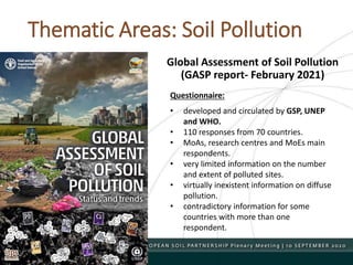 Thematic Areas: Soil Pollution
Global Assessment of Soil Pollution
(GASP report- February 2021)
Questionnaire:
• developed and circulated by GSP, UNEP
and WHO.
• 110 responses from 70 countries.
• MoAs, research centres and MoEs main
respondents.
• very limited information on the number
and extent of polluted sites.
• virtually inexistent information on diffuse
pollution.
• contradictory information for some
countries with more than one
respondent.
 