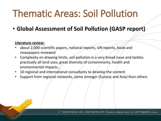 Thematic Areas: Soil Pollution
• Global Assessment of Soil Pollution (GASP report)
Literature review:
• about 2,000 scientific papers, national reports, UN reports, book and
newspapers reviewed
• Complexity on drawing limits, soil pollution is a very broad issue and tackles
practically all land uses, great diversity of contaminants, health and
environmental impacts…
• 10 regional and international consultants to develop the content
• Support from regional networks, some stronger (Eurasia and Asia) than others
 