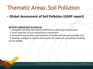 Thematic Areas: Soil Pollution
• Global Assessment of Soil Pollution (GASP report)
Need for a global plan of action to:
1. strengthen existing international mechanisms (chemical conventions);
2. build capacities on soil contaminants assessment;
3. promote the generation and collection of reliable and harmonized data; and
4. develop strategies to reduce and prevent the impact of soil pollution building
on the VGSSM.
 