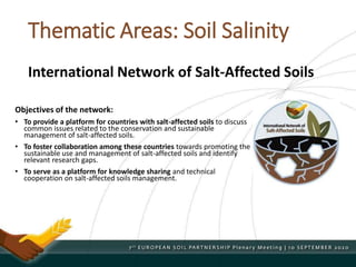 Thematic Areas: Soil Salinity
Objectives of the network:
• To provide a platform for countries with salt-affected soils to discuss
common issues related to the conservation and sustainable
management of salt-affected soils.
• To foster collaboration among these countries towards promoting the
sustainable use and management of salt-affected soils and identify
relevant research gaps.
• To serve as a platform for knowledge sharing and technical
cooperation on salt-affected soils management.
International Network of Salt-Affected Soils
 