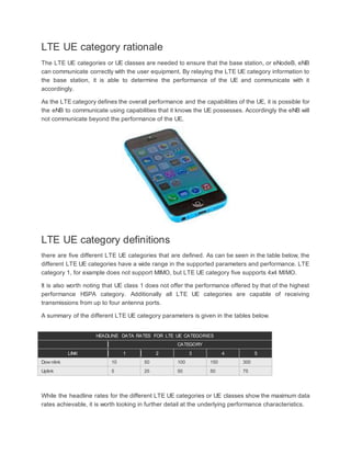 LTE UE category rationale
The LTE UE categories or UE classes are needed to ensure that the base station, or eNodeB, eNB
can communicate correctly with the user equipment. By relaying the LTE UE category information to
the base station, it is able to determine the performance of the UE and communicate with it
accordingly.
As the LTE category defines the overall performance and the capabilities of the UE, it is possible for
the eNB to communicate using capabilities that it knows the UE possesses. Accordingly the eNB will
not communicate beyond the performance of the UE.
LTE UE category definitions
there are five different LTE UE categories that are defined. As can be seen in the table below, the
different LTE UE categories have a wide range in the supported parameters and performance. LTE
category 1, for example does not support MIMO, but LTE UE category five supports 4x4 MIMO.
It is also worth noting that UE class 1 does not offer the performance offered by that of the highest
performance HSPA category. Additionally all LTE UE categories are capable of receiving
transmissions from up to four antenna ports.
A summary of the different LTE UE category parameters is given in the tables below.
HEADLINE DATA RATES FOR LTE UE CATEGORIES
CATEGORY
LINK 1 2 3 4 5
Dow nlink 10 50 100 150 300
Uplink 5 25 50 50 75
While the headline rates for the different LTE UE categories or UE classes show the maximum data
rates achievable, it is worth looking in further detail at the underlying performance characteristics.
 