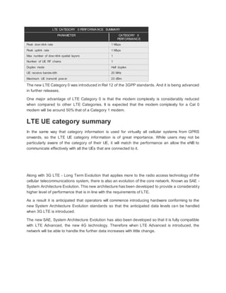 LTE CATEGORY 0 PERFORMANCE SUMMARY
PARAMETER CATEGORY 0
PERFORMANCE
Peak dow nlink rate 1 Mbps
Peak uplink rate 1 Mbps
Max number of dow nlink spatial layers 1
Number of UE RF chains 1
Duplex mode Half duplex
UE receive bandw idth 20 MHz
Maximum UE transmit pow er 23 dBm
The new LTE Category 0 was introduced in Rel 12 of the 3GPP standards. And it is being advanced
in further releases.
One major advantage of LTE Category 0 is that the modem complexity is considerably reduced
when compared to other LTE Categories. It is expected that the modem complexity for a Cat 0
modem will be around 50% that of a Category 1 modem.
LTE UE category summary
In the same way that category information is used for virtually all cellular systems from GPRS
onwards, so the LTE UE category information is of great importance. While users may not be
particularly aware of the category of their UE, it will match the performance an allow the eNB to
communicate effectively with all the UEs that are connected to it.
Along with 3G LTE - Long Term Evolution that applies more to the radio access technology of the
cellular telecommunications system, there is also an evolution of the core network. Known as SAE -
System Architecture Evolution. This new architecture has been developed to provide a considerably
higher level of performance that is in line with the requirements of LTE.
As a result it is anticipated that operators will commence introducing hardware conforming to the
new System Architecture Evolution standards so that the anticipated data levels can be handled
when 3G LTE is introduced.
The new SAE, System Architecture Evolution has also been developed so that it is fully compatible
with LTE Advanced, the new 4G technology. Therefore when LTE Advanced is introduced, the
network will be able to handle the further data increases with little change.
 