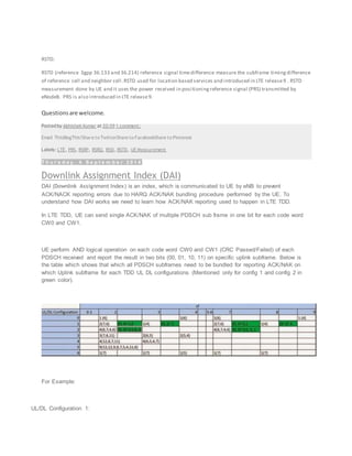 RSTD:
RSTD (reference 3gpp 36.133 and 36.214) reference signal timedifference measure the subframe timingdifference
of reference cell and neighbor cell.RSTD used for location based services and introduced in LTE release9 . RSTD
measurement done by UE and it uses the power received in positioningreference signal (PRS) transmitted by
eNodeB. PRS is also introduced in LTE release9.
Questionsare welcome.
Posted by Abhishek Kumar at 20:59 1 comment:
Email ThisBlogThis!Share to TwitterShare to FacebookShare to Pinterest
Labels: LTE, PRS, RSRP, RSRQ, RSSI, RSTD, UE Measurement
T h u r s d a y , 4 S e p t e m b e r 2 0 1 4
Downlink Assignment Index (DAI)
DAI (Downlink Assignment Index) is an index, which is communicated to UE by eNB to prevent
ACK/NACK reporting errors due to HARQ ACK/NAK bundling procedure performed by the UE. To
understand how DAI works we need to learn how ACK/NAK reporting used to happen in LTE TDD.
In LTE TDD, UE can send single ACK/NAK of multiple PDSCH sub frame in one bit for each code word
CW0 and CW1.
UE perform AND logical operation on each code word CW0 and CW1 (CRC Passed/Failed) of each
PDSCH received and report the result in two bits (00, 01, 10, 11) on specific uplink subframe. Below is
the table which shows that which all PDSCH subframes need to be bundled for reporting ACK/NAK on
which Uplink subframe for each TDD UL DL configurations (Mentioned only for config 1 and config 2 in
green color).
For Example:
UL/DL Configuration 1:
 