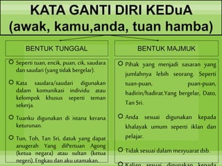 BENTUK MAJMUK
BENTUK TUNGGAL
KATA GANTI DIRI KEDuA
(awak, kamu,anda, tuan hamba)
 Seperti tuan, encik, puan, cik, saudara
dan saudari (yang tidak bergelar).
 Kata saudara/saudari digunakan
dalam komunikasi individu atau
kelompok khusus seperti teman
sekerja.
 Tuanku digunakan di istana kerana
keturunan.
 Tun, Toh, Tan Sri, datuk yang dapat
anugerah Yang diPertuan Agong
(ketua negara) atau sultan (ketua
negeri).Engkau dan akuutamakan.
 Pihak yang menjadi sasaran yang
jumlahnya lebih seorang. Seperti
tuan-puan, puan-puan,
hadirin/hadirat.Yang bergelar, Dato,
TanSri.
 Anda sesuai digunakan kepada
khalayak umum seperti iklan dan
pelajar.
 Tidaksesuaidalammesyuaratdsb.
 