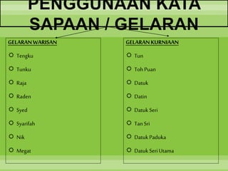 PENGGUNAAN KATA
SAPAAN / GELARAN
GELARANWARISAN
 Tengku
 Tunku
 Raja
 Raden
 Syed
 Syarifah
 Nik
 Megat
GELARANKURNIAAN
 Tun
 Toh Puan
 Datuk
 Datin
 DatukSeri
 Tan Sri
 DatukPaduka
 DatukSeri Utama
 