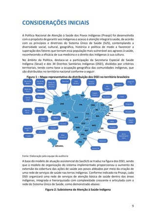 9
CONSIDERAÇÕES INICIAIS
A Política Nacional de Atenção à Saúde dos Povos Indígenas (Pnaspi) foi desenvolvida
com o propósito de garantir aos indígenas o acesso à atenção integral à saúde, de acordo
com os princípios e diretrizes do Sistema Único de Saúde (SUS), contemplando a
diversidade social, cultural, geográfica, histórica e política de modo a favorecer a
superação dos fatores que tornam essa população mais vulnerável aos agravos à saúde,
reconhecendo a eficácia de sua medicina e o direito dos indígenas à sua cultura.
No âmbito da Política, destaca-se a participação da Secretaria Especial de Saúde
Indígena (Sesai) e dos 34 Distritos Sanitários Indígenas (DSEI), divididos por critérios
territoriais, tendo como base a ocupação geográfica das comunidades indígenas, que
são distribuídos no território nacional conforme a seguir:
Figura 1 – Mapa representativo da distribuição dos DSEI no território brasileiro
Fonte: Elaboração pela equipe de auditoria
A base do modelo de atuação assistencial do SasiSUS se traduz na figura dos DSEI, sendo
que o modelo de organização do sistema implementado proporcionou o aumento da
extensão da cobertura das ações de saúde aos povos aldeados por meio da criação de
uma rede de serviços de saúde nas terras indígenas. Conforme indicado na Pnaspi, cada
DSEI organizará uma rede de serviços de atenção básica de saúde dentro das áreas
indígenas, integrada e hierarquizada com complexidade crescente e articulada com a
rede do Sistema Único de Saúde, como demonstrado abaixo:
Figura 2: Subsistema de Atenção à Saúde Indígena
 