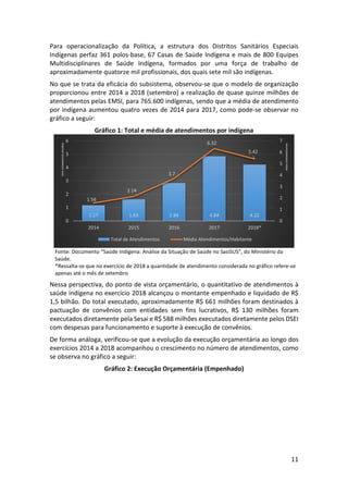 11
Para operacionalização da Política, a estrutura dos Distritos Sanitários Especiais
Indígenas perfaz 361 polos-base, 67 Casas de Saúde Indígena e mais de 800 Equipes
Multidisciplinares de Saúde Indígena, formados por uma força de trabalho de
aproximadamente quatorze mil profissionais, dos quais sete mil são indígenas.
No que se trata da eficácia do subsistema, observou-se que o modelo de organização
proporcionou entre 2014 a 2018 (setembro) a realização de quase quinze milhões de
atendimentos pelas EMSI, para 765.600 indígenas, sendo que a média de atendimento
por indígena aumentou quatro vezes de 2014 para 2017, como pode-se observar no
gráfico a seguir:
Gráfico 1: Total e média de atendimentos por indígena
Fonte: Documento “Saúde Indígena: Análise da Situação de Saúde no SasiSUS”, do Ministério da
Saúde.
*Ressalta-se que no exercício de 2018 a quantidade de atendimento considerada no gráfico refere-se
apenas até o mês de setembro
Nessa perspectiva, do ponto de vista orçamentário, o quantitativo de atendimentos à
saúde indígena no exercício 2018 alcançou o montante empenhado e liquidado de R$
1,5 bilhão. Do total executado, aproximadamente R$ 661 milhões foram destinados à
pactuação de convênios com entidades sem fins lucrativos, R$ 130 milhões foram
executados diretamente pela Sesai e R$ 588 milhões executados diretamente pelos DSEI
com despesas para funcionamento e suporte à execução de convênios.
De forma análoga, verificou-se que a evolução da execução orçamentária ao longo dos
exercícios 2014 a 2018 acompanhou o crescimento no número de atendimentos, como
se observa no gráfico a seguir:
Gráfico 2: Execução Orçamentária (Empenhado)
1.17 1.63 2.84 4.84 4.22
1.56
2.14
3.7
6.32
5.42
0
1
2
3
4
5
6
7
0
1
2
3
4
5
6
2014 2015 2016 2017 2018*
MÉDIAATENDIMENTO/HAB
TOTALATENDIMENTOS(MILHÕES)
Total de Atendimentos Média Atendimentos/Habitante
 