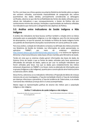 45
Por fim, com base nas críticas apostas nos próprios Relatórios de Gestão sobre as origens
das variáveis utilizadas, acarretando impossibilidade de asseguração dos valores
quantitativos dos dados obtidos, principalmente considerando as defasagens
verificadas, observa-se que não há confiabilidade das fontes dos dados utilizados para o
cálculo dos indicadores e que, consequentemente, o Gestor da Política não tem
conhecimento mínimo dos avanços, limitações e oportunidades de melhorias refletidos
nos indicadores que mensuram o atingimento dos objetivos da Política.
3.2. Análise entre Indicadores de Saúde Indígena e Não
Indígena
A análise dos indicadores da Sesai buscou verificar também a relação entre os índices
alcançados para as populações indígenas e as não indígenas, para fins de mensuração
do desempenho, no que for possível, da Unidade na Política de Saúde Indígena frente
aos padrões de desempenho alcançados nacionalmente em outras políticas de saúde.
Para essa análise, a seleção de indicadores se baseou na definição dos índices presentes
nos Relatórios de Gestão da Unidade, nas informações de saúde apresentadas no
aplicativo TABNET, por meio do endereço eletrônico
http://www2.datasus.gov.br/DATASUS/index.php?area=02, e no Sistema de Vigilância
Alimentar e Nutricional (Sisvan), todas bases oficiais mantidas pelo Ministério da Saúde.
Tendo em vista que os sistemas citados geram informações das bases de dados do
Sistema Único de Saúde e que as fontes de dados utilizadas pela Sesai apresentam
dificuldades de extração de dados, optou-se por usar na avaliação indicadores que
foram utilizados pela Sesai, mas que os dados para estabelecimento dos índices
estivessem disponíveis no TABNET e no Sisvan, tanto na obtenção de informações para
os grupos (Indígenas e não Indígenas), quanto para a construção da série histórica (entre
os exercícios 2014 e 2018).
Dessa forma, selecionou-se os indicadores referentes à Proporção de óbitos de crianças
menores de um ano investigados; à Taxa de mortalidade Infantil; à Taxa de mortalidade
por doenças infecciosas e parasitária; à Taxa de incidência de Tuberculose; e ao estado
nutricional dos indivíduos (crianças de 0 a 5 anos) acompanhados.
Abaixo segue as representações gráficas do alcance dos índices para a população
indígena e não indígena:
Gráfico 7: Indicadores de saúde indígena e não indígena
70
72
74
76
78
80
82
84
86
88
2014 2015 2016 2017 2018
Proporção de óbitos de crianças menores de 1
ano investigados (%)
Indígenas Não Indígenas
5
10
15
20
25
30
35
2014 2015 2016 2017 2018
Taxa de Mortalidade Infantil (por 1.000 hab.)
Indígenas Não Indígenas
 
