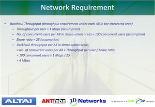 •   Backhaul Throughput (throughput requirement under each A8 in the interested area)
     – Throughput per user = 1 Mbps (assumption)
     – No. of concurrent users per A8 in dense-urban areas = 100 concurrent users (assumption)
     – Share ratio = 25 (assumption)
     – Backhaul throughput per A8 in dense-urban areas
        = No. of concurrent users per A8 x Throughput per user / Share ratio
        = 100 concurrent users x 1 Mbps / 25
        = 4 Mbps




                                   23 | © 2010 3D Networks. All rights reserved.
 