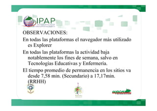 OBSERVACIONES:
En todas las plataformas el navegador más utilizado
  es Explorer
En todas las plataformas la actividad baja
  notablemente los fines de semana, salvo en
  Tecnologías Educativas y Enfermería.
El tiempo promedio de permanencia en los sitios va
  desde 7,58 min. (Secundario) a 17,17min.
  (RRHH)
 