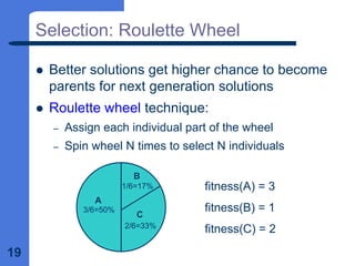 19
Selection: Roulette Wheel
z Better solutions get higher chance to become
parents for next generation solutions
z Roulette wheel technique:
– Assign each individual part of the wheel
– Spin wheel N times to select N individuals
A
B
C
3/6=50%
1/6=17%
2/6=33%
fitness(A) = 3
fitness(B) = 1
fitness(C) = 2
 