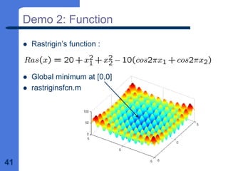 41
Demo 2: Function
z Rastrigin’s function :
z Global minimum at [0,0]
z rastriginsfcn.m
 