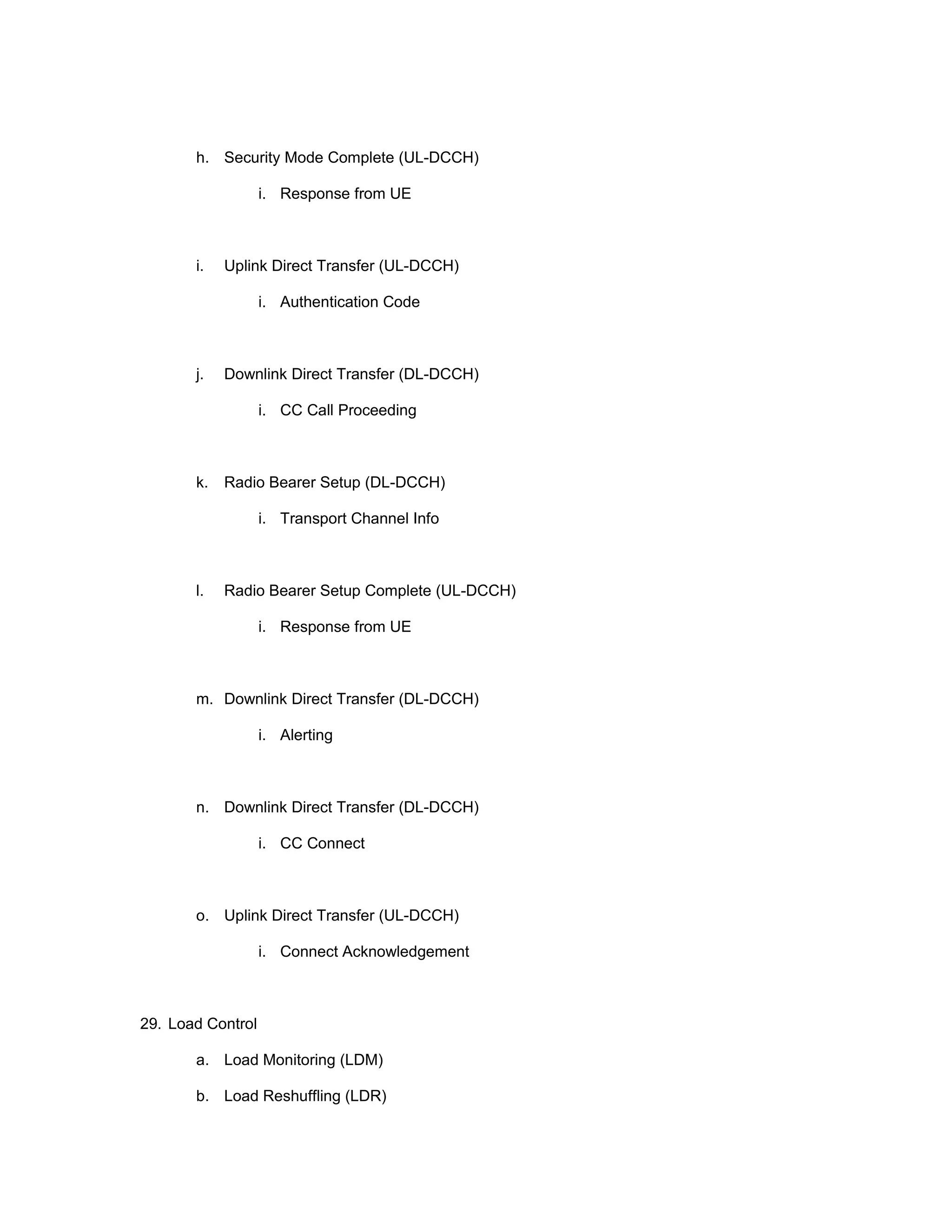 h. Security Mode Complete (UL-DCCH)
i. Response from UE
i. Uplink Direct Transfer (UL-DCCH)
i. Authentication Code
j. Downlink Direct Transfer (DL-DCCH)
i. CC Call Proceeding
k. Radio Bearer Setup (DL-DCCH)
i. Transport Channel Info
l. Radio Bearer Setup Complete (UL-DCCH)
i. Response from UE
m. Downlink Direct Transfer (DL-DCCH)
i. Alerting
n. Downlink Direct Transfer (DL-DCCH)
i. CC Connect
o. Uplink Direct Transfer (UL-DCCH)
i. Connect Acknowledgement
29. Load Control
a. Load Monitoring (LDM)
b. Load Reshuffling (LDR)
 