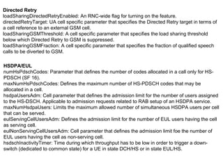Directed Retry
loadSharingDirectedRetryEnabled: An RNC-wide flag for turning on the feature.
directedRetryTarget: UA cell specific parameter that specifies the Directed Retry target in terms of
a cell reference to an external GSM cell.
loadSharingGSMThreshold: A cell specific parameter that specifies the load sharing threshold
below which Directed Retry to GSM is suppressed.
loadSharingGSMFraction: A cell specific parameter that specifies the fraction of qualified speech
calls to be diverted to GSM.
HSDPA/EUL
numHsPdschCodes: Parameter that defines the number of codes allocated in a call only for HS-
PDSCH (SF 16).
maxNumHsPdschCodes: Defines the maximum number of HS-PDSCH codes that may be
allocated in a cell.
hsdpaUsersAdm: Cell parameter that defines the admission limit for the number of users assigned
to the HS-DSCH. Applicable to admission requests related to RAB setup of an HSDPA service.
maxNumHsdpaUsers: Limits the maximum allowed number of simultaneous HSDPA users per cell
that can be served.
eulServingCellUsersAdm: Defines the admission limit for the number of EUL users having the cell
as serving cell.
eulNonServingCellUsersAdm: Cell parameter that defines the admission limit foe the number of
EUL users having the cell as non-serving cell.
hsdschInactivityTimer: Time during which throughput has to be low in order to trigger a down-
switch (dedicated to common state) for a UE in state DCH/HS or in state EUL/HS.
 