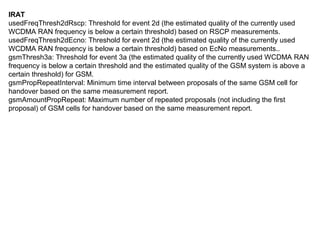 IRAT
usedFreqThresh2dRscp: Threshold for event 2d (the estimated quality of the currently used
WCDMA RAN frequency is below a certain threshold) based on RSCP measurements.
usedFreqThresh2dEcno: Threshold for event 2d (the estimated quality of the currently used
WCDMA RAN frequency is below a certain threshold) based on EcNo measurements..
gsmThresh3a: Threshold for event 3a (the estimated quality of the currently used WCDMA RAN
frequency is below a certain threshold and the estimated quality of the GSM system is above a
certain threshold) for GSM.
gsmPropRepeatInterval: Minimum time interval between proposals of the same GSM cell for
handover based on the same measurement report.
gsmAmountPropRepeat: Maximum number of repeated proposals (not including the first
proposal) of GSM cells for handover based on the same measurement report.
 