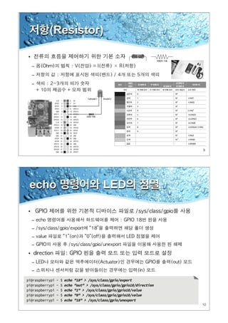9
저항(Resistor)
•
–
–
–
10
echo 명령어와 LED의 점멸
•
–
–
–
–
•
–
–
 