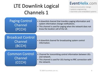 EventHelix.com
• telecommunication design
• systems engineering
• real-time and embedded systems
LTE Downlink Logical
Channels 1
• A downlink channel that transfers paging information and
system information change notifications.
• This channel is used for paging when the network does not
know the location cell of the UE.
Paging Control
Channel
(PCCH)
• A downlink channel for broadcasting system control
information.
Broadcast Control
Channel
(BCCH)
• Channel for transmitting control information between UEs
and network.
• This channel is used for UEs having no RRC connection with
the network.
Common Control
Channel
(CCCH)
© 2009 EventHelix.com Inc. 8
 
