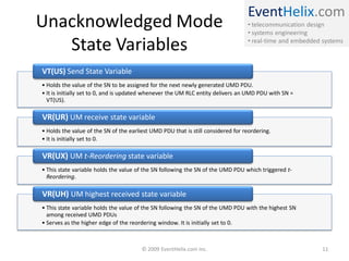 EventHelix.com
Unacknowledged Mode                                                               • telecommunication design
                                                                                  • systems engineering

   State Variables                                                                • real-time and embedded systems



VT(US) Send State Variable
• Holds the value of the SN to be assigned for the next newly generated UMD PDU.
• It is initially set to 0, and is updated whenever the UM RLC entity delivers an UMD PDU with SN =
  VT(US).

VR(UR) UM receive state variable
• Holds the value of the SN of the earliest UMD PDU that is still considered for reordering.
• It is initially set to 0.

VR(UX) UM t-Reordering state variable
• This state variable holds the value of the SN following the SN of the UMD PDU which triggered t-
  Reordering.

VR(UH) UM highest received state variable
• This state variable holds the value of the SN following the SN of the UMD PDU with the highest SN
  among received UMD PDUs
• Serves as the higher edge of the reordering window. It is initially set to 0.



                                        © 2009 EventHelix.com Inc.                                         11
 