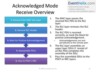 EventHelix.com
    Acknowledged Mode                                                 • telecommunication design
                                                                      • systems engineering

     Receive Overview                                                 • real-time and embedded systems


                                               1.      The MAC layer passes the
   1. Receive from MAC Sub Layer                       received RLC PDU to the RLC
                                                       layer.
                                               2.      The RLC layer removes the RLC
       2. Remove RLC Header                            header.
                                               3.      The RLC PDU is received
                                                       correctly, so mark the block for
                                                       positive acknowledgement.
3. Mark for Positive Acknowledgement                 –       Acknowledgements are sent
                                                             periodically to the remote peer.
                                               4.      The RLC layer assembles an
                                                       upper layer SDUs if receipt of
        4. Reassemble PDUs                             an RLC PDU completes the
                                                       assembly of the SDU.
                                               5.      Pass the assembled SDUs to the
                                                       PDCP or RRC layers.
        5. Pass to PDCP / RRC


                                © 2009 EventHelix.com Inc.                                      14
 