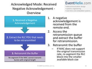 Acknowledged Mode: Received                                       EventHelix.com
                                                                     • telecommunication design
    Negative Acknowledgement -                                       • systems engineering
                                                                     • real-time and embedded systems
             Overview
                                                1. A negative
     1. Received a Negative                        acknowledgement is
       Acknowledgement
                                                   received from the
                                                   remote end.
                                                2. Access the
                                                   retransmission queue
2. Extract the RLC PDU that needs                  and extract the buffer
        to be retransmitted                        for retransmission.
                                                3. Retransmit the buffer
                                                      –       If MAC does not support
                                                              the original transmission
    3. Retransmit the Buffer                                  rate, re-segment the RLC
 Re-segment if the MAC cannot transmit                        block into the smaller
       bursts with original length                            available block size

                                 © 2009 EventHelix.com Inc.                                   16
 