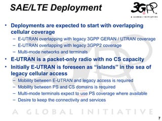 SAE/LTE Deployment
• Deployments are expected to start with overlapping
cellular coverage
– E-UTRAN overlapping with legacy 3GPP GERAN / UTRAN coverage
– E-UTRAN overlapping with legacy 3GPP2 coverage
– Multi-mode networks and terminals

• E-UTRAN is a packet-only radio with no CS capacity
• Initially E-UTRAN is foreseen as “islands” in the sea of
legacy cellular access
–
–
–
–

Mobility between E-UTRAN and legacy access is required
Mobility between PS and CS domains is required
Multi-mode terminals expect to use PS coverage where available
Desire to keep the connectivity and services

7

 