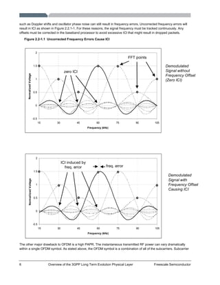 6 Overview of the 3GPP Long Term Evolution Physical Layer Freescale Semiconductor
such as Doppler shifts and oscillator phase noise can still result in frequency errors. Uncorrected frequency errors will
result in ICI as shown in Figure 2.2.1-1. For these reasons, the signal frequency must be tracked continuously. Any
offsets must be corrected in the baseband processor to avoid excessive ICI that might result in dropped packets.
Figure 2.2-1.1 Uncorrected Frequency Errors Cause ICI
-0.5
0
0.5
1
1.5
2
15 30 45 60 75 90 105
Frequency (kHz)
NormalizedVoltage
FFT points
zero ICI
-0.5
0
0.5
1
1.5
2
15 30 45 60 75 90 105
Frequency (kHz)
NormailizedVoltage
freq. error
ICI induced by
freq. error
Demodulated
Signal without
Frequency Offset
(Zero ICI)
Demodulated
Signal with
Frequency Offset
Causing ICI
The other major drawback to OFDM is a high PAPR. The instantaneous transmitted RF power can vary dramatically
within a single OFDM symbol. As stated above, the OFDM symbol is a combination of all of the subcarriers. Subcarrier
 